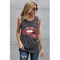 Leopard Lips Distressed Boyfriend Tank In Black