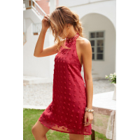 Red Pompom Mock Neck Sleeveless Shift Mini Dress