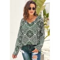 Green Long Sleeve V Neck Printed Chiffon Blouse