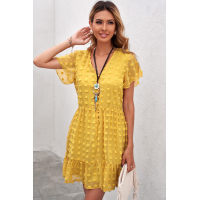 Yellow Polka Dot V Neck Ruffled Short Sleeves Mini Dress