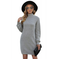 Gray Mock Neck Lantern Sleeves Sweater Dress