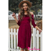 Wine Velvet Off Shoulder Half Sleeve Pleated Midi Dress