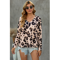 Khaki Casual Leopard Print Long Sleeves T-shirt