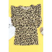 Leopard Print Ruffled Cap Sleeve T-shirt