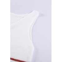 White V Neck Striped Pattern Knit Tank Top with Buttons