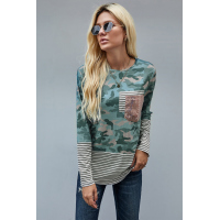 Camo Stripe Pocket Sequins Splicing Long Sleeve O-neck Top