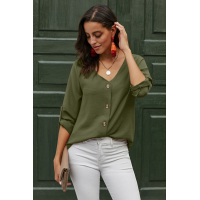 Green Button Detail Roll Up Sleeve Blouse