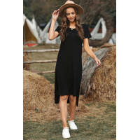 Black Casual Short Sleeve T-shirt Midi Dress with High Splits