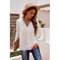 White Elegant V-Neck Swiss Dot Lace Blouse