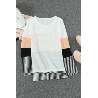 Apricot Stylish Colorblock Splicing Stripes Top