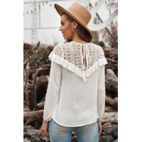 White Hollow-out Ruffle Long Sleeve Blouse