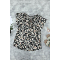 Black V-neck Short Sleeve Fashion Print Fantasy Fluttering Blouse