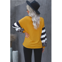 Yellow V Neck Leopard Stripe Splice Lantern Sleeve Top