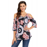 Dark Boho Print Half Sleeve Cold Shoulder Top