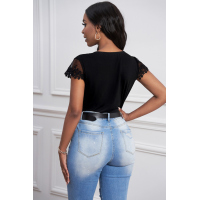 Black Lace V Neck Short Sleeves Top