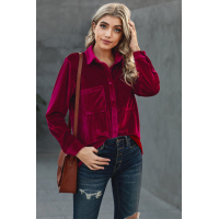 Wine Retro Velvet Pocket Long Sleeve Shirt