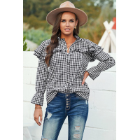 Black Plaid Button Ruffle Shirt