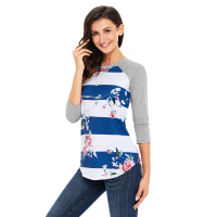 Blue White Bold Stripe Rose Floral Top