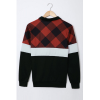 Red Plaid Color Block Zipper Turn Down Collar Long Sleeve Top