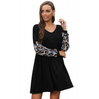 Leopard Splicing Ruffled V-neck Long Sleeve Mini Dress