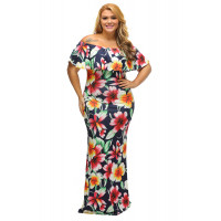 Navy Blue Roses Print Off-the-shoulder Maxi Dress