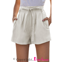 Beige Tie Waist Casual Shorts with Pockets