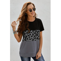 Black Leopard Print Color Block Short Sleeve T-Shirt