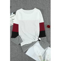 Wine Stylish Colorblock Splicing Stripes Top