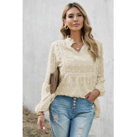 Apricot Ruffled Split Neck Lace Hollow Out Puff Sleeve Polka Dot Blouse