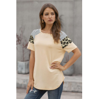 Khaki Striped Leopard Print Short Sleeve Women T-shirt