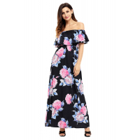 Flower Print Black Grounding Off Shoulder Long Boho Dress