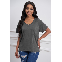 Gray V Neck Short Sleeves Cotton Blend Tee with Front Pocket and Side Slits