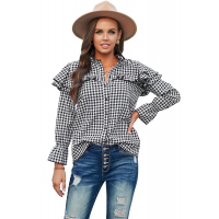 Black Plaid Button Ruffle Shirt