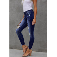 Blue High Rise Button Front Frayed Ankle Skinny Jeans