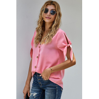 Pink Casual Tie Knot Short Sleeve V-Neck Button Chiffon Blouse