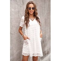 White V Neck Pompom Babydoll Style Short Sleeves Flowy Mini Dress