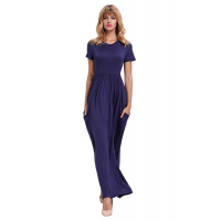 Navy Blue Short Sleeve Ruched Waist Maxi Dress