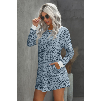 Sky Blue Crew Neck Long Sleeve Leopard Print Mini Dress