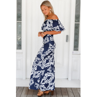 White Tendril Print Navy Off-the-shoulder Maxi Dress