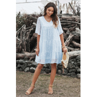 Sky Blue V Neck Tiered Babydoll Lace Dress