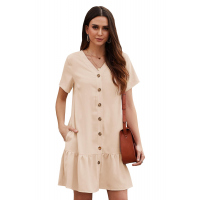 Beige Pocketed Button Ruffle Dress