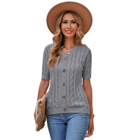 Gray Cable Knit Short Sleeve Top with Buttons