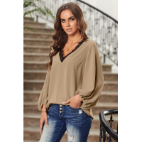 Khaki Lace V Neck Balloon Sleeves Top