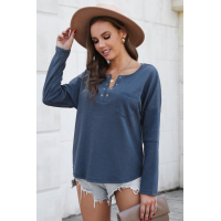 Blue V Neck Washed Grommet Top