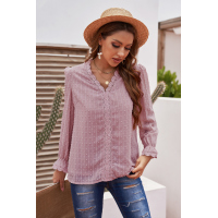 Pink Elegant V-Neck Swiss Dot Lace Blouse