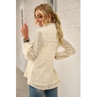 Apricot Ruffled Split Neck Lace Hollow Out Puff Sleeve Polka Dot Blouse