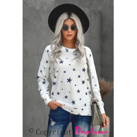 White Round Neck Star Print Long Sleeve Top