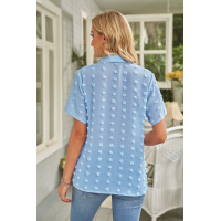 Sky Blue Buttoned Swiss Dot Turn-down Collar Short Sleeve Shirt