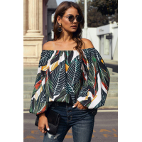 Green Leaves Print Elastic Neck Off Shoulder Top