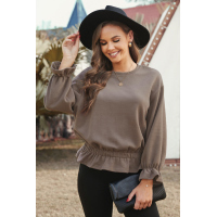 Khaki Corduroy Ruffle Frilled Long Sleeve Top